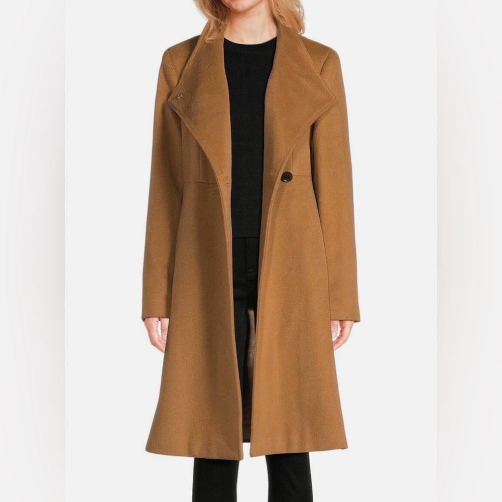 DKNY Asymmetrical Button Front Single Breasted Wool Blend Coat Cam - Regular